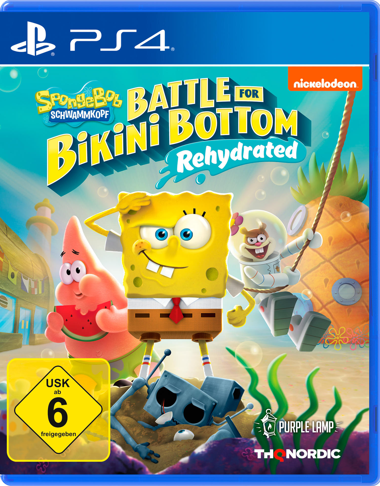 SpongeBob-Spielcover. SpongeBob, Patrick und Sandy sind im Vordergrund. Der Hintergrund zeigt Bikini Bottom.