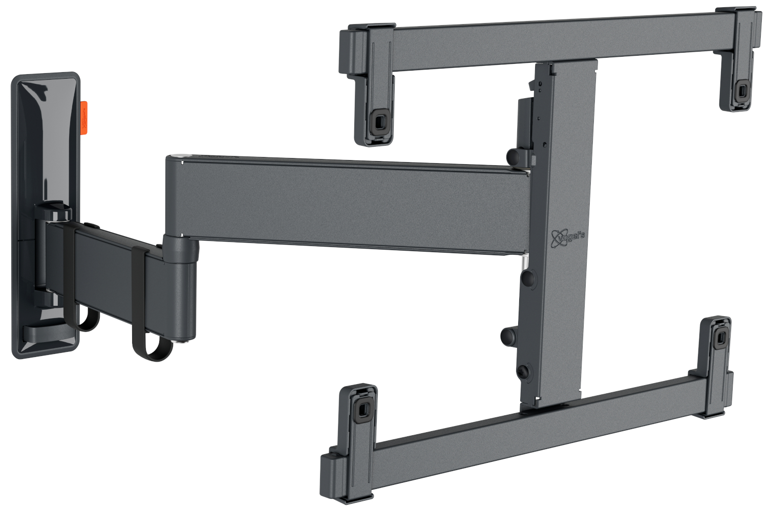 Dark gray TV wall mount, articulated with arms and mounting plate. White background.