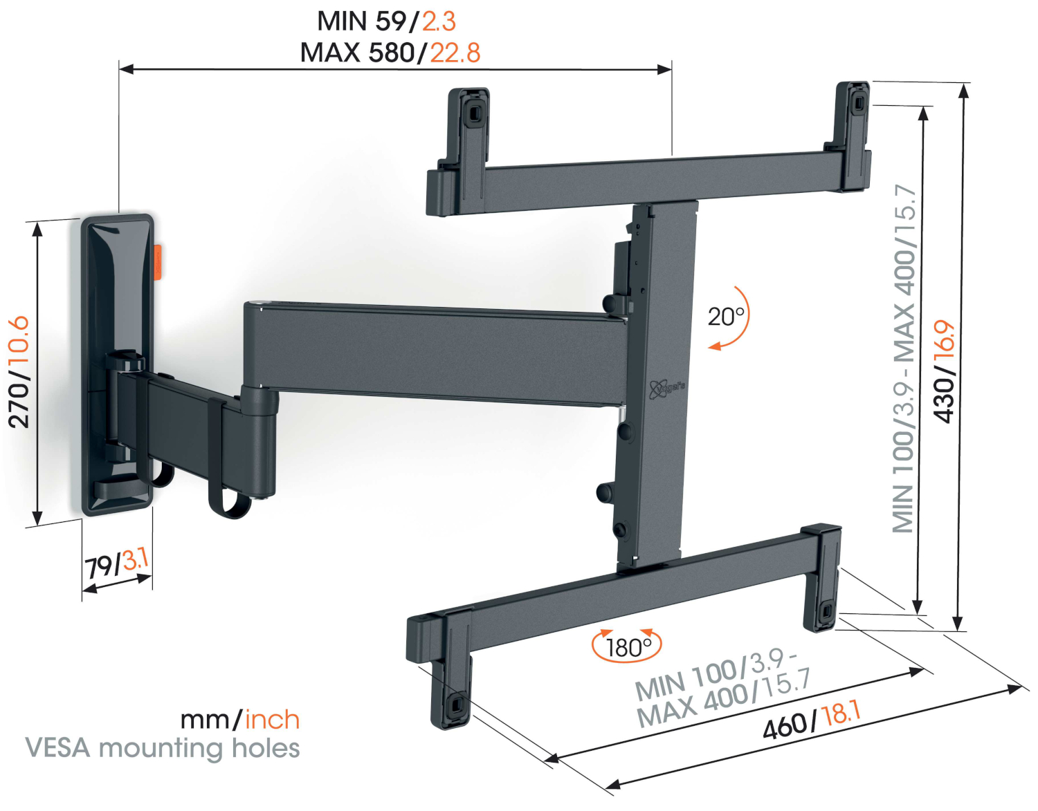 A black and gray TV bracket with dimensions and angles shown. 