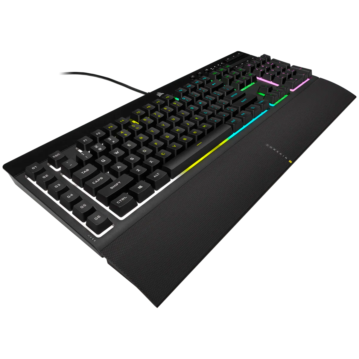 Corsair K100 RGB klavye, tuşlar ve kenarlarda çok renkli aydınlatmaya sahip siyah.