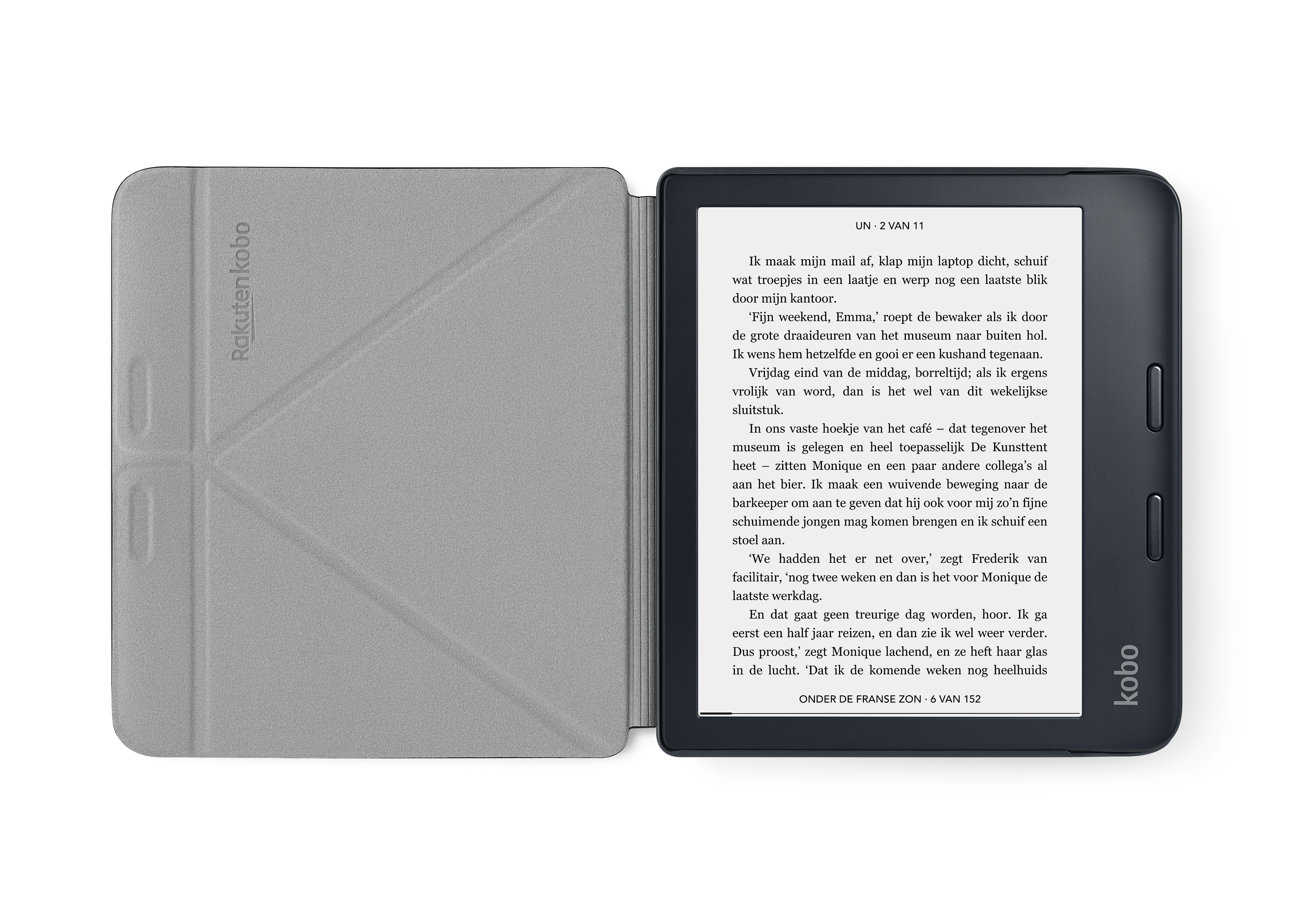 Een open e-reader met tekst op de rechterpagina en de cover links.