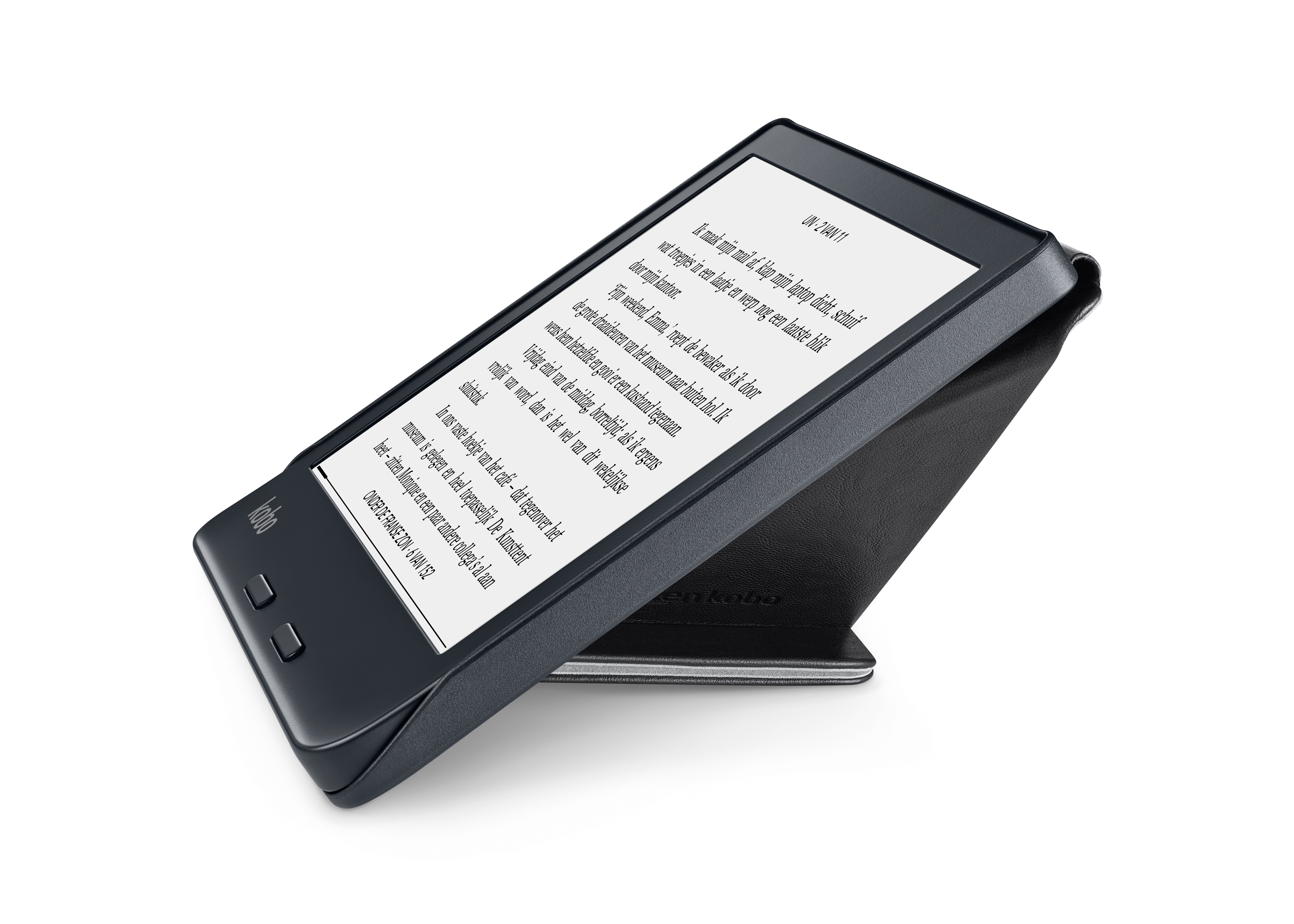Een e-reader op een standaard, met tekst op een witte achtergrond. Zwart apparaat.