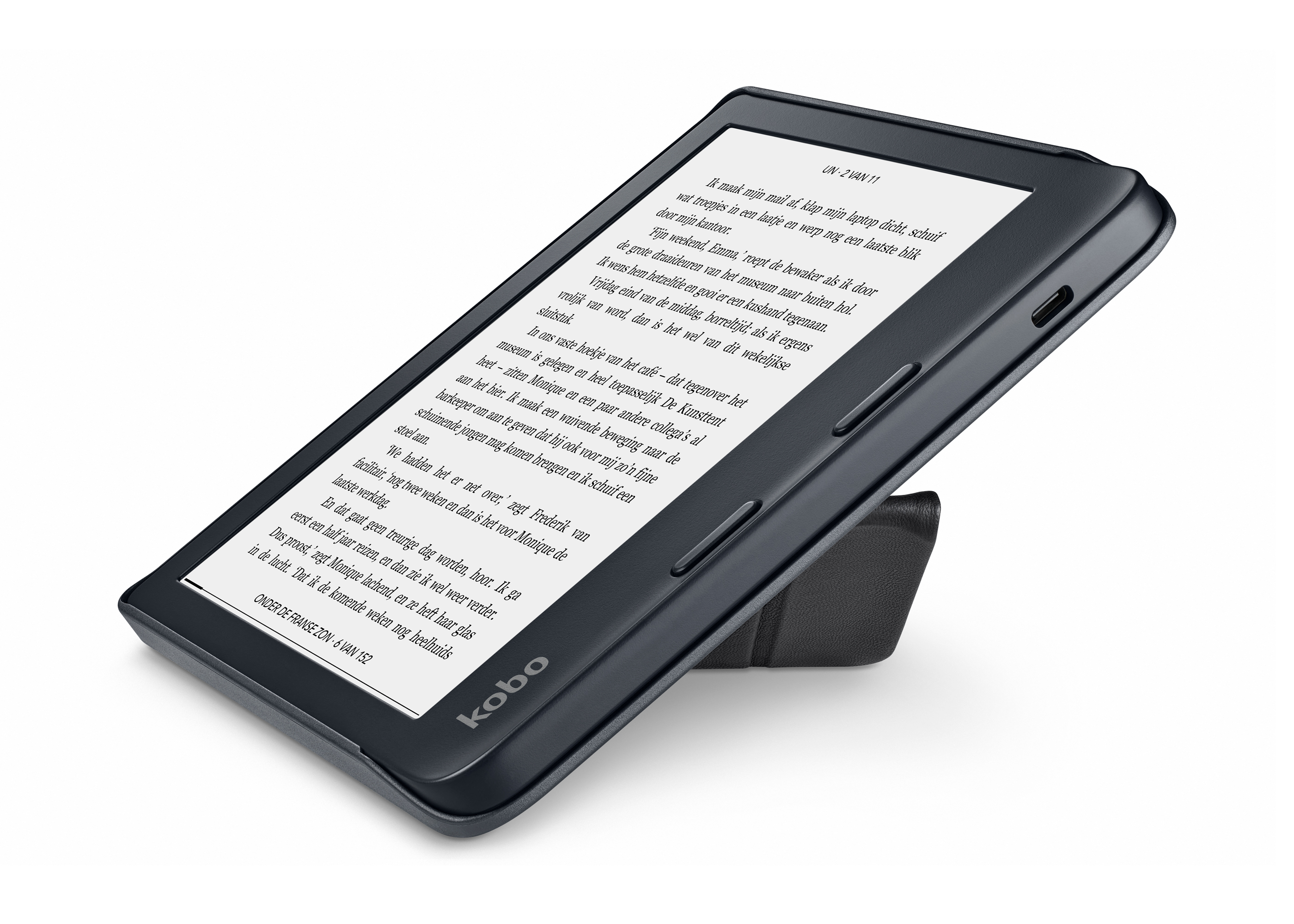 Een zwarte Kobo e-reader met tekst, ondersteund door een standaard.
