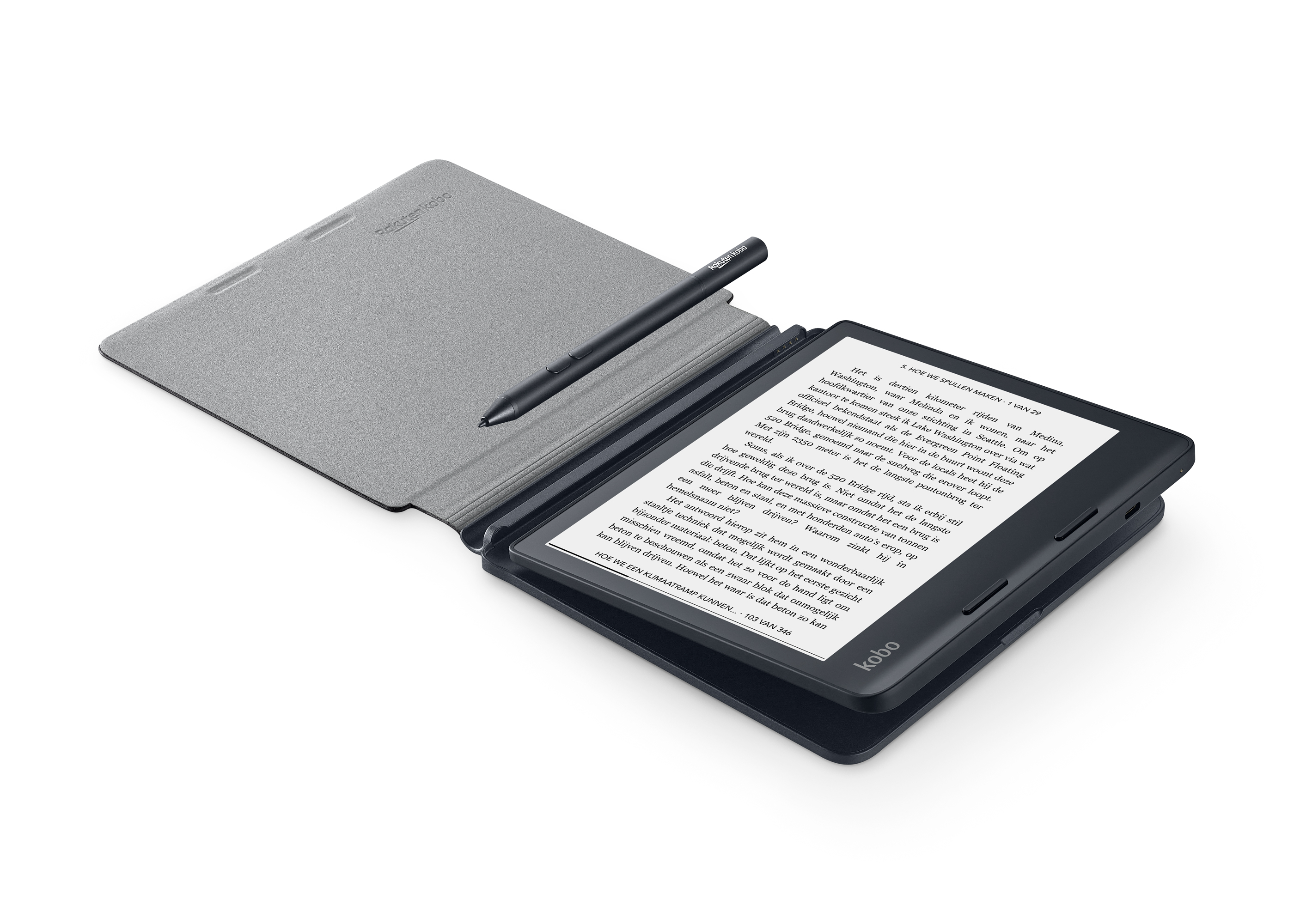 Kobo e-reader open met stylus, grijze hoes op witte achtergrond.