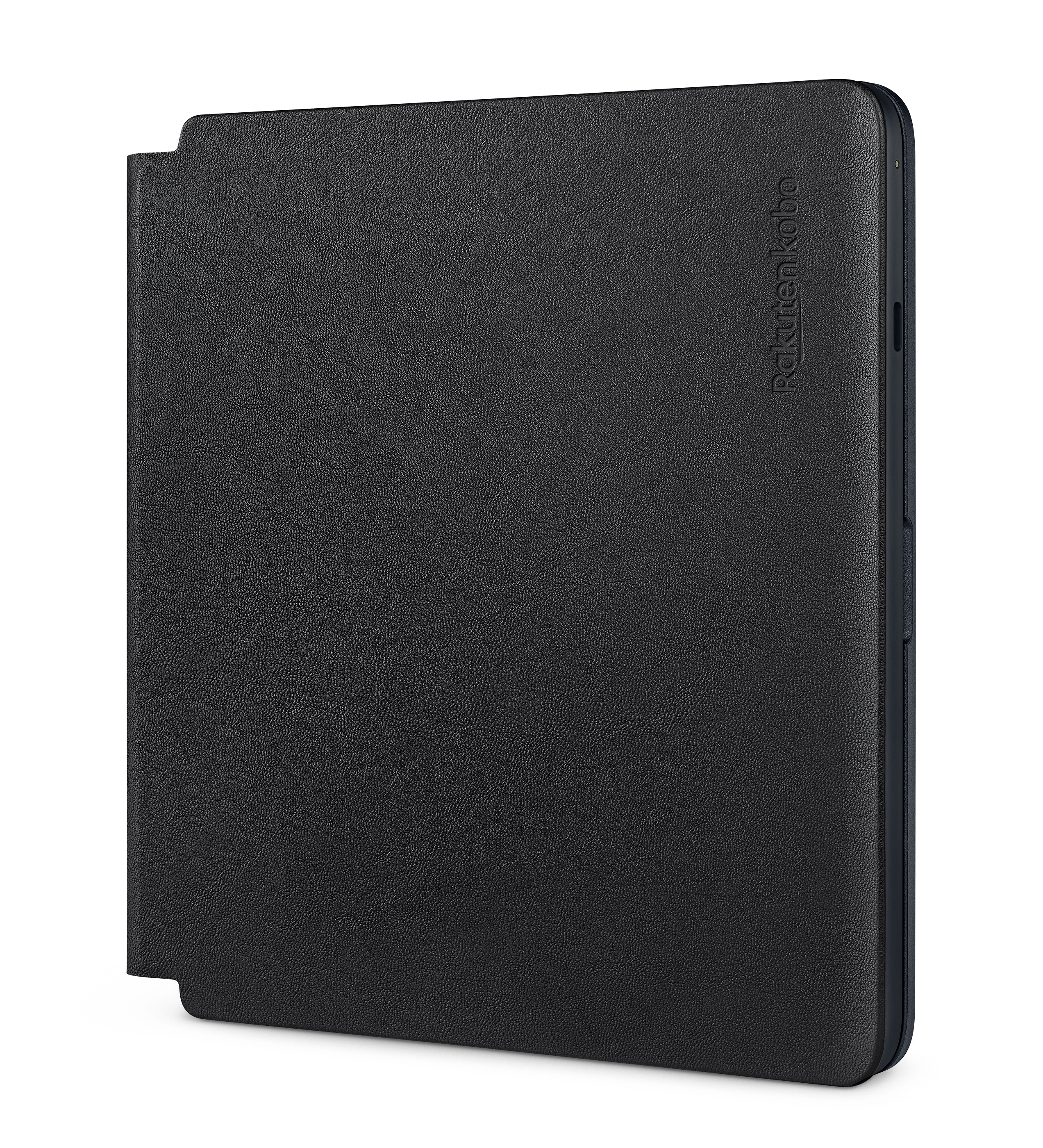 Een zwarte Kobo e-reader in een zwarte hoes.