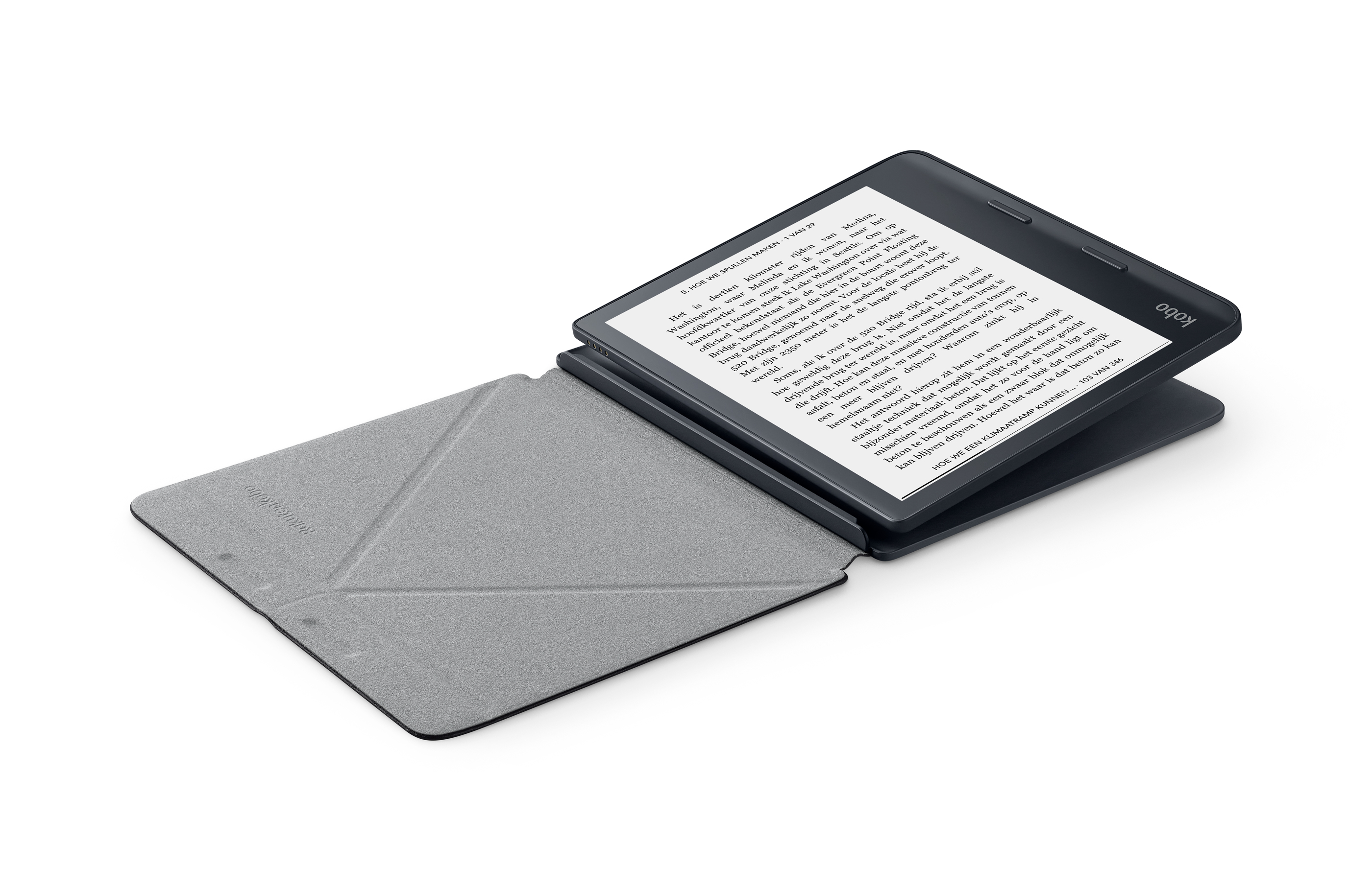 Zwarte e-reader met open grijze cover op een wit oppervlak.
