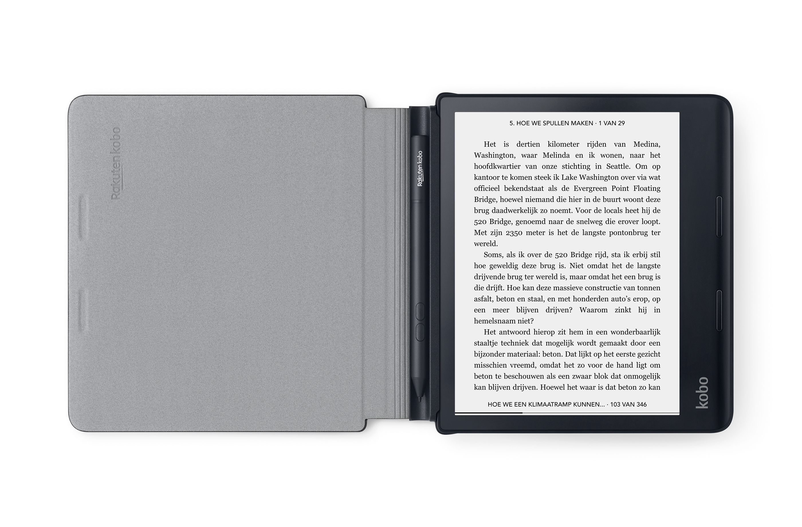 Een open Kobo e-reader met pen, met tekst op een witte achtergrond.