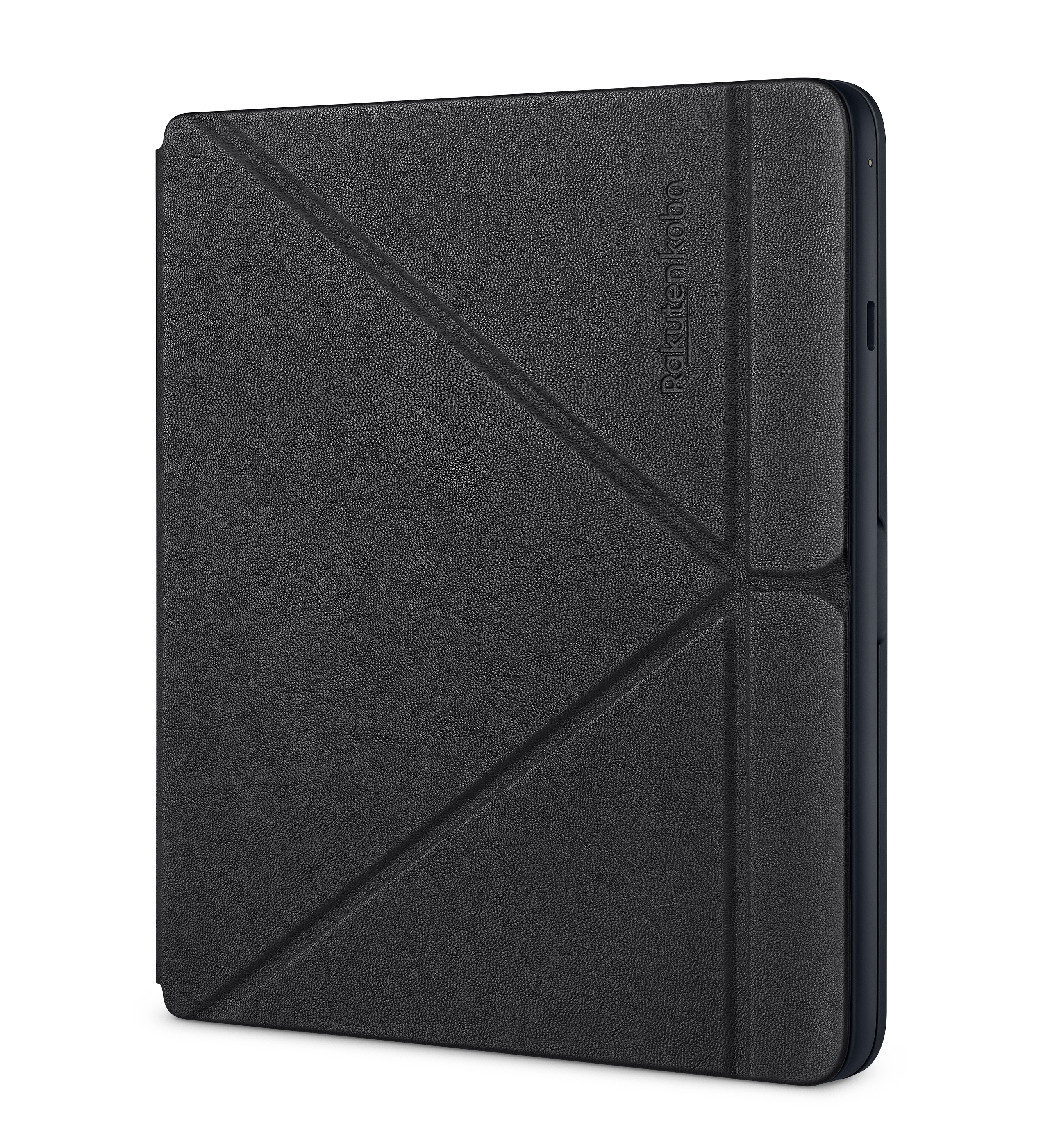Zwarte Kobo e-reader in een donkergrijze hoes. De hoes is gesloten en heeft diagonale lijnen.