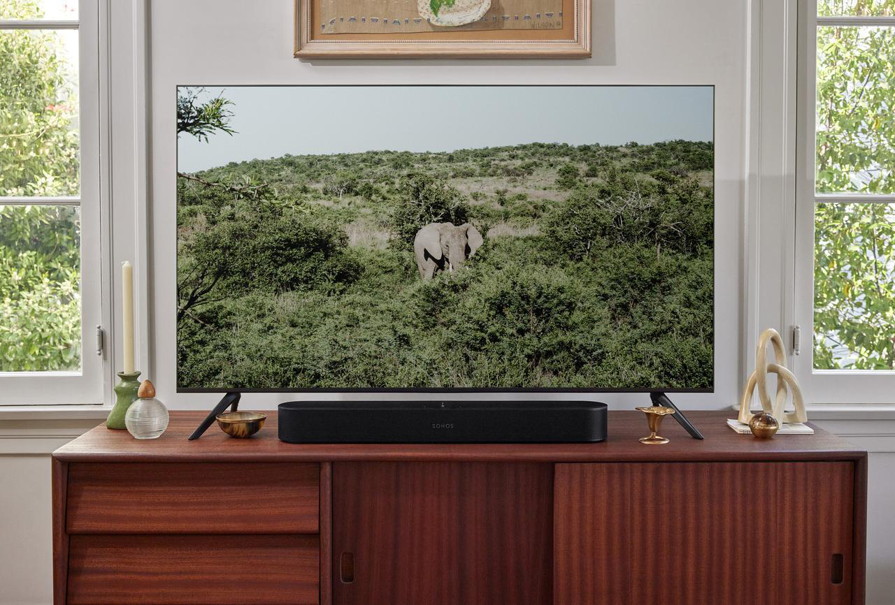 Fernseher auf einem Holzschrank, darunter eine Soundbar. Auf dem Fernsehbildschirm ist ein Elefant in grüner Landschaft zu sehen.