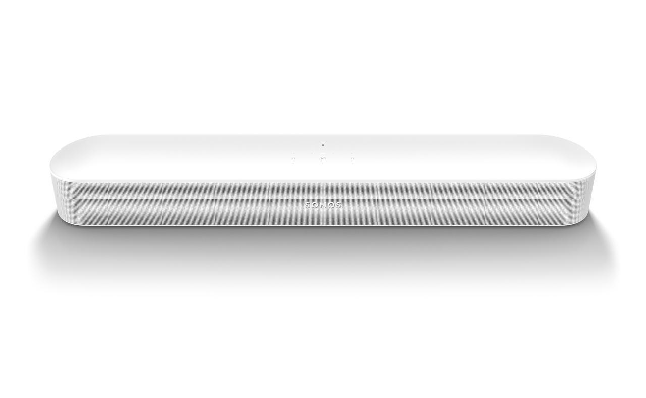 Weißer Soundbar-Lautsprecher, lang und rechteckig.