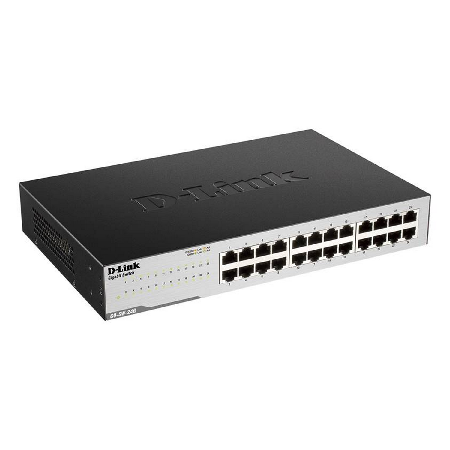 Un switch Gigabit D-Link negro con 24 puertos sobre un fondo blanco.