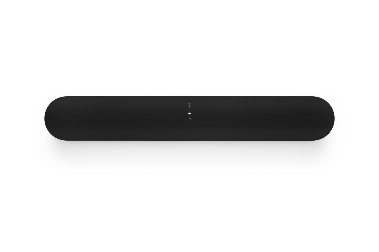 Schwarze Soundbar auf weißem Hintergrund mit minimalen Bedienelementen.