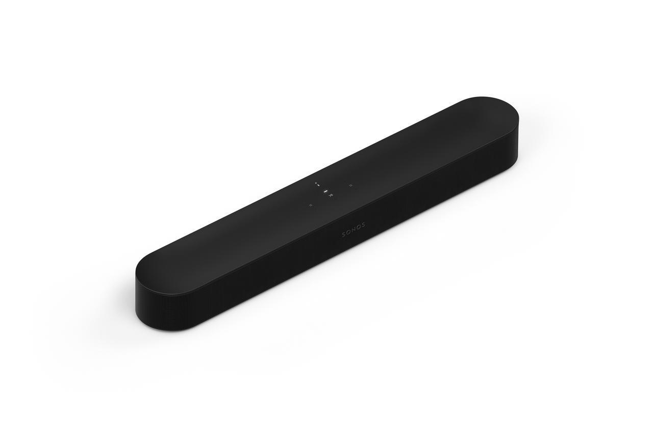 Schwarze Sonos Soundbar, oval geformt, auf weißem Hintergrund. Hat Steuertasten oben.