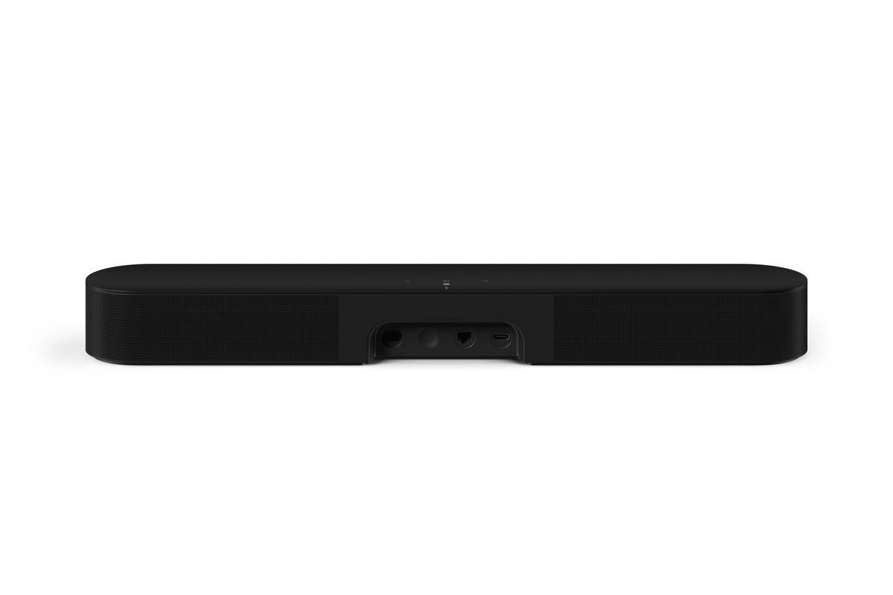 Eine schwarze Soundbar auf weißem Hintergrund. Sie hat Lautsprecher an jedem Ende und Anschlüsse hinten.