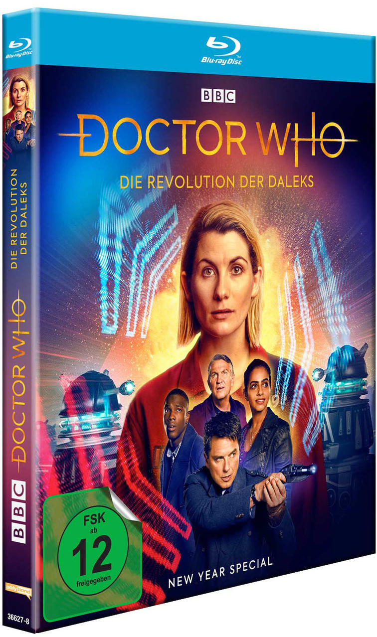Eine Blu-ray-Filmhülle für 'Doctor Who: Revolution der Daleks', mit der Besetzung.