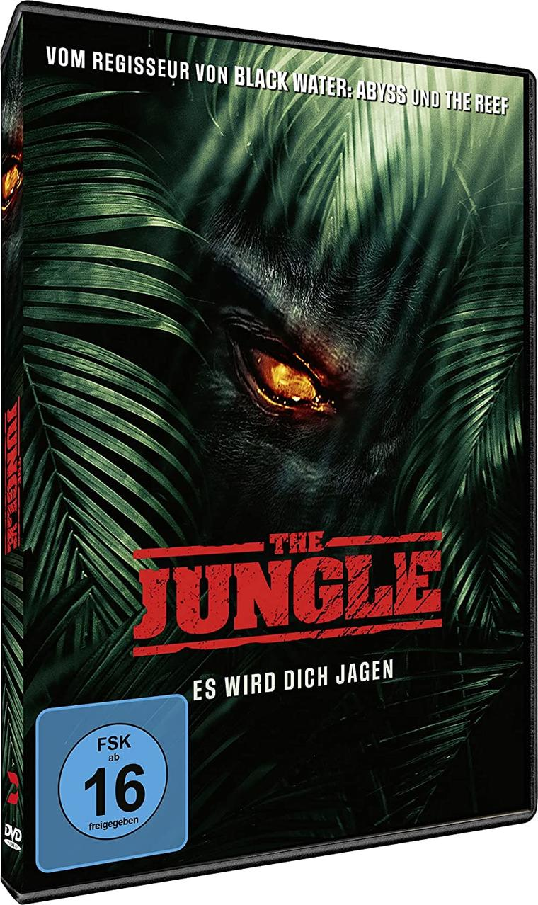 Ein DVD-Cover mit dem Titel 'The Jungle' in Rot, mit einem Auge und Dschungel-Blättern.