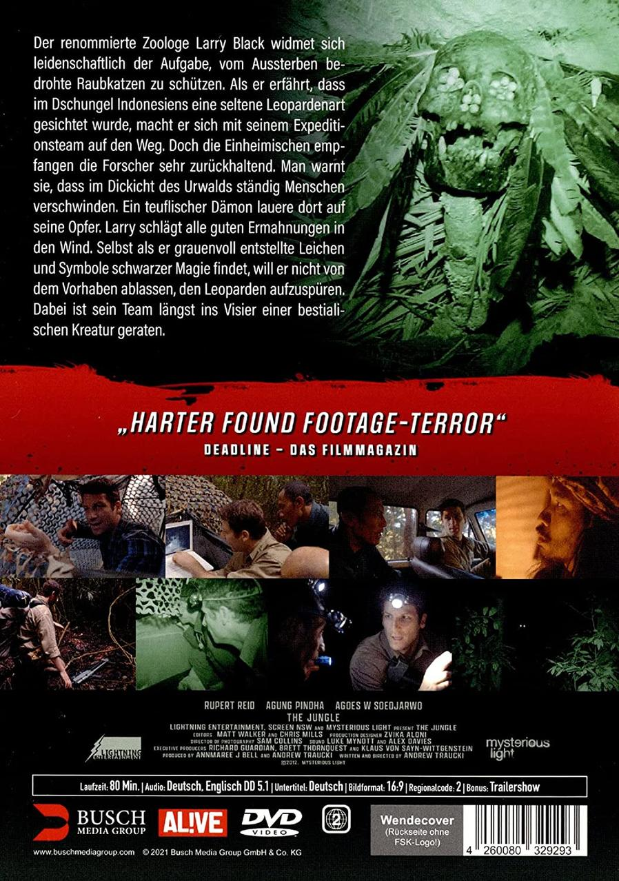Filmposter mit Text und Bildern mit Personen und einer Dschungelszene.