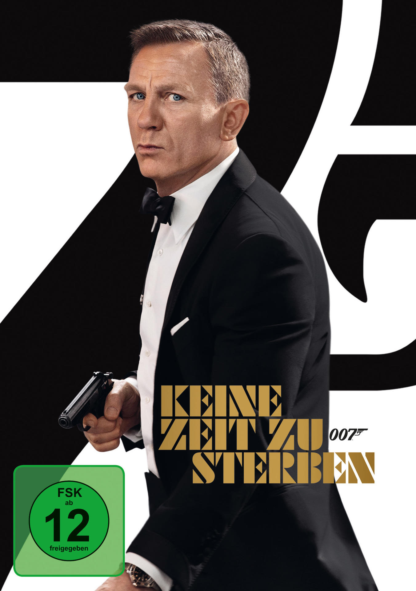 Filmposter: Daniel Craig als James Bond mit Waffe, Titel "Keine Zeit zu sterben".