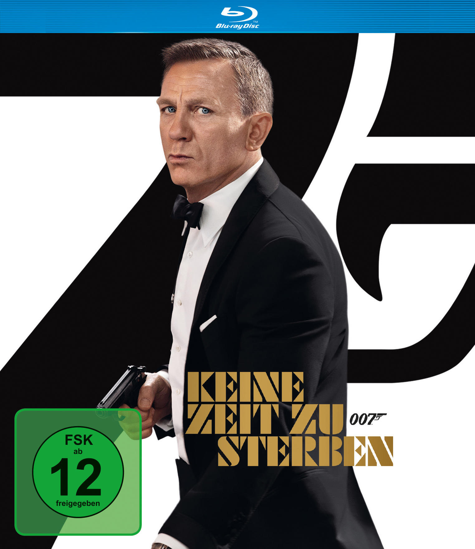 Filmcover von Keine Zeit zu sterben, mit Daniel Craig in einem Anzug mit einer Waffe.