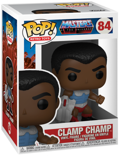 Clamp Champ Funko Pop figure in a box. He's wearing a blue top and red shorts, with a white gun.