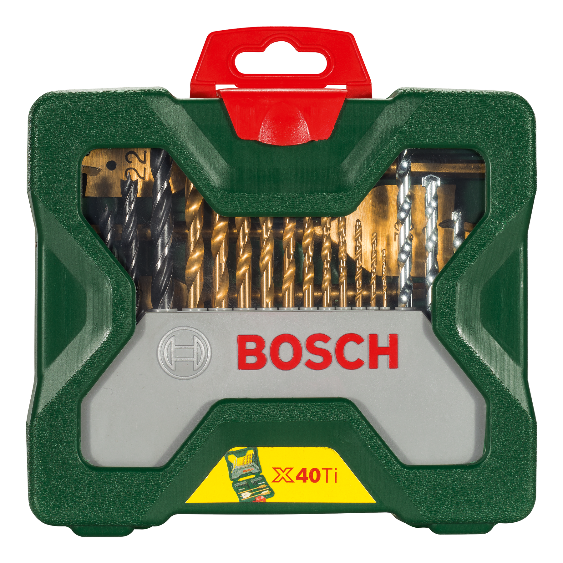 Egy zöld-piros Bosch fúrószár készlet műanyag tokban, különböző méretek láthatók.