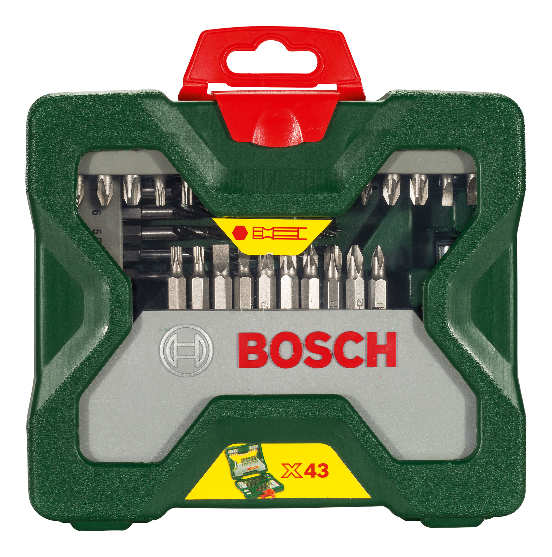 Egy zöld szerszámosláda különféle ezüst fúrókkal és csavarhúzófejekkel, 'BOSCH' felirattal.