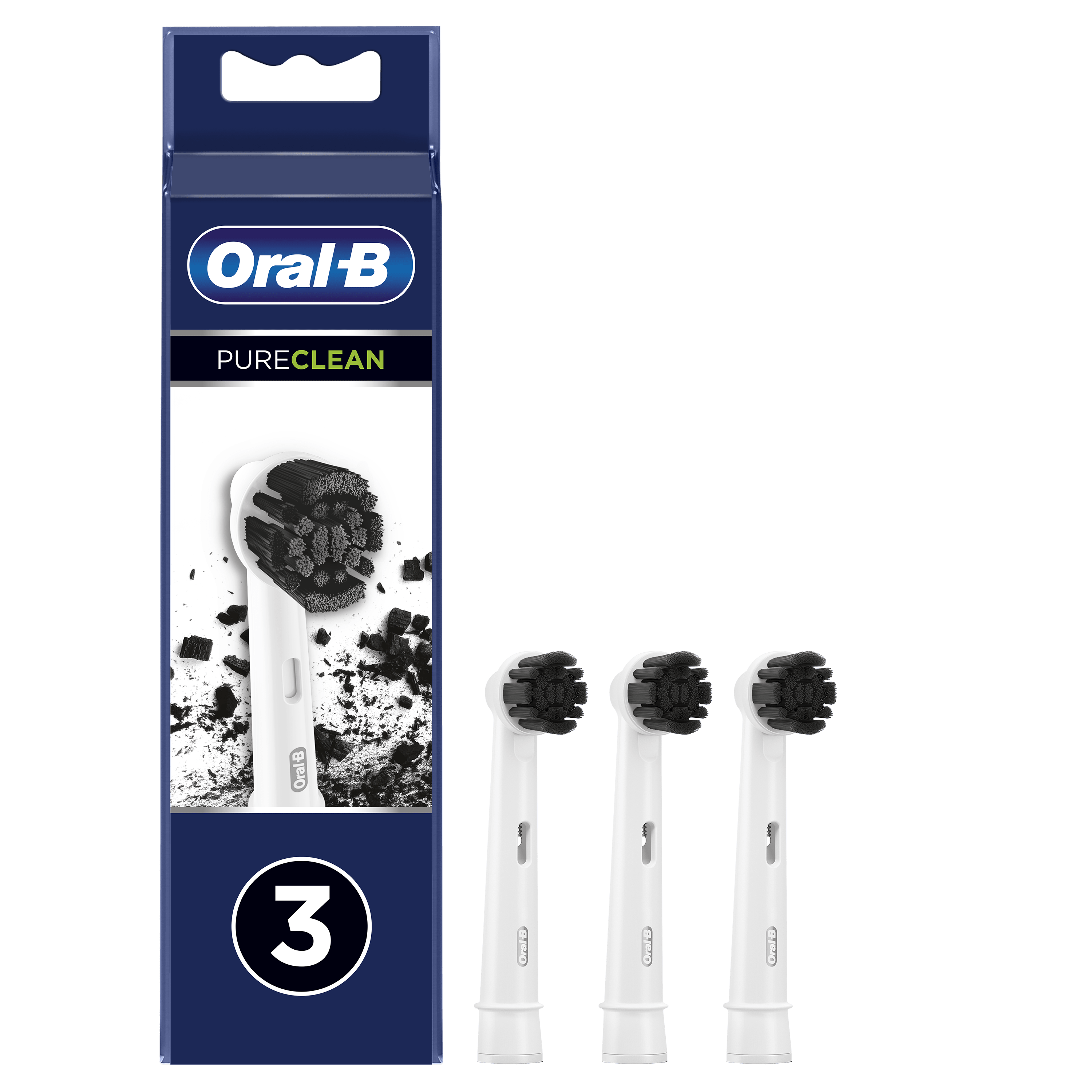 Têtes de brosse à dents Oral-B PureClean dans une boîte. Trois têtes sont visibles.