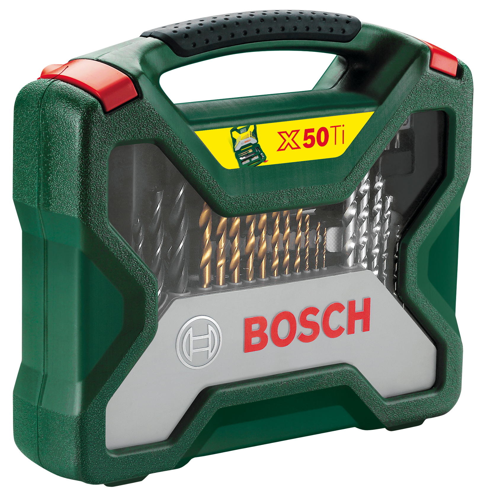 Zöld szerszámos doboz piros fogantyúval és átlátszó előlappal, fúrófejekkel. Bosch logó látható.