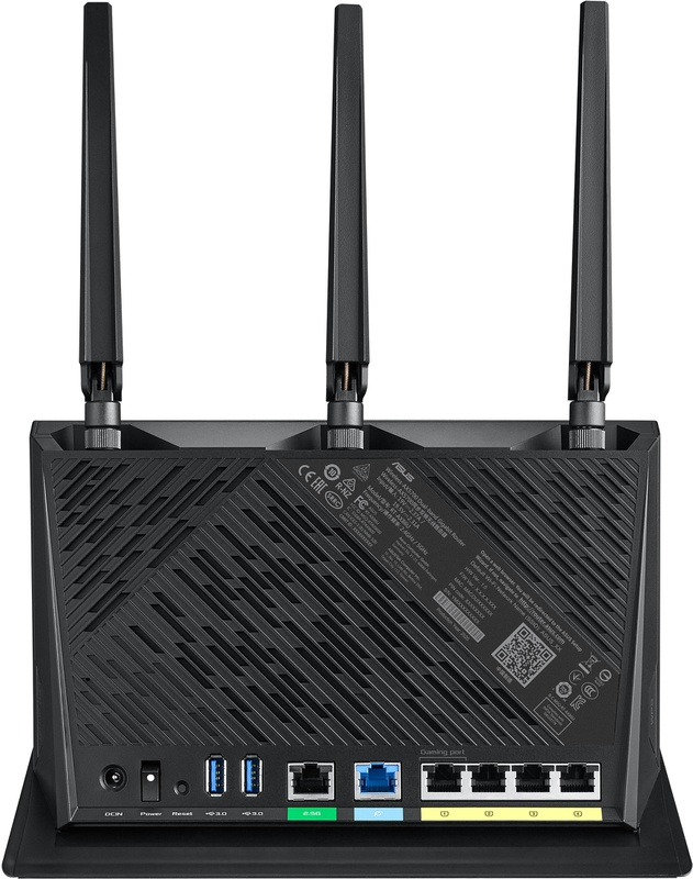 Back of a black ASUS dual-band WiFi router with 3 antennas, and ports.