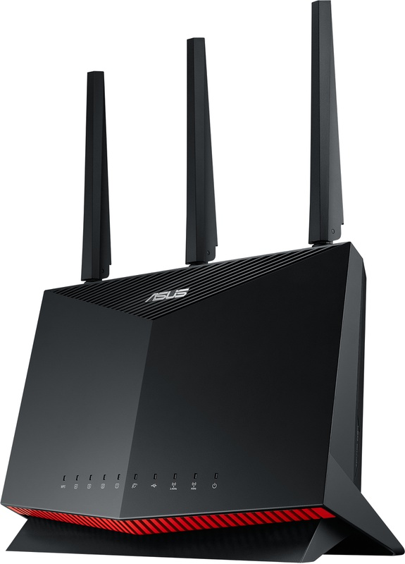 Black ASUS router with three antennas. It sits on a white surface.