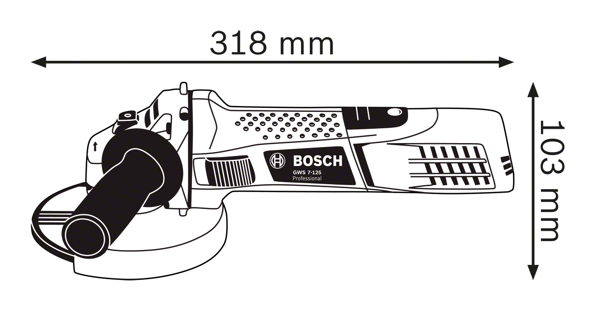 A Bosch GW5 7-125 Professional csiszoló diagramja, a méretekkel: 318 mm hosszú, 103 mm magas.