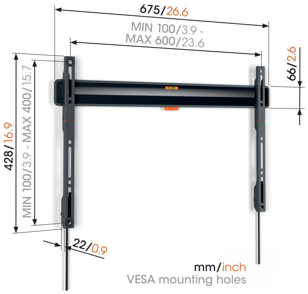 A black TV wall mount with dimensions and measurements labeled in mm/inch.