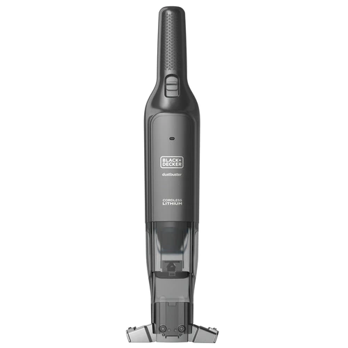 Aspirateur sans fil noir et gris. Le bac à poussière est transparent.
