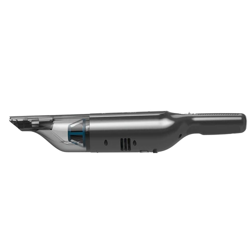 Un aspirateur à main en vue latérale, avec un conteneur transparent et un corps sombre.