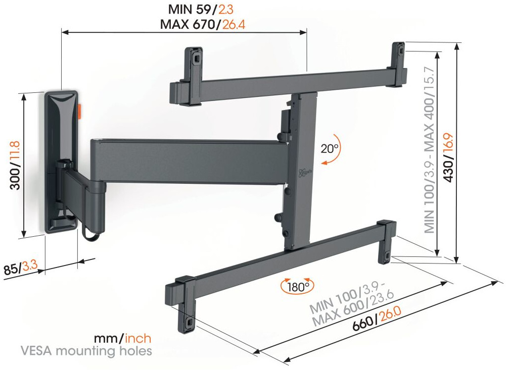 Diagramme montrant les dimensions et les angles d'un support mural TV.