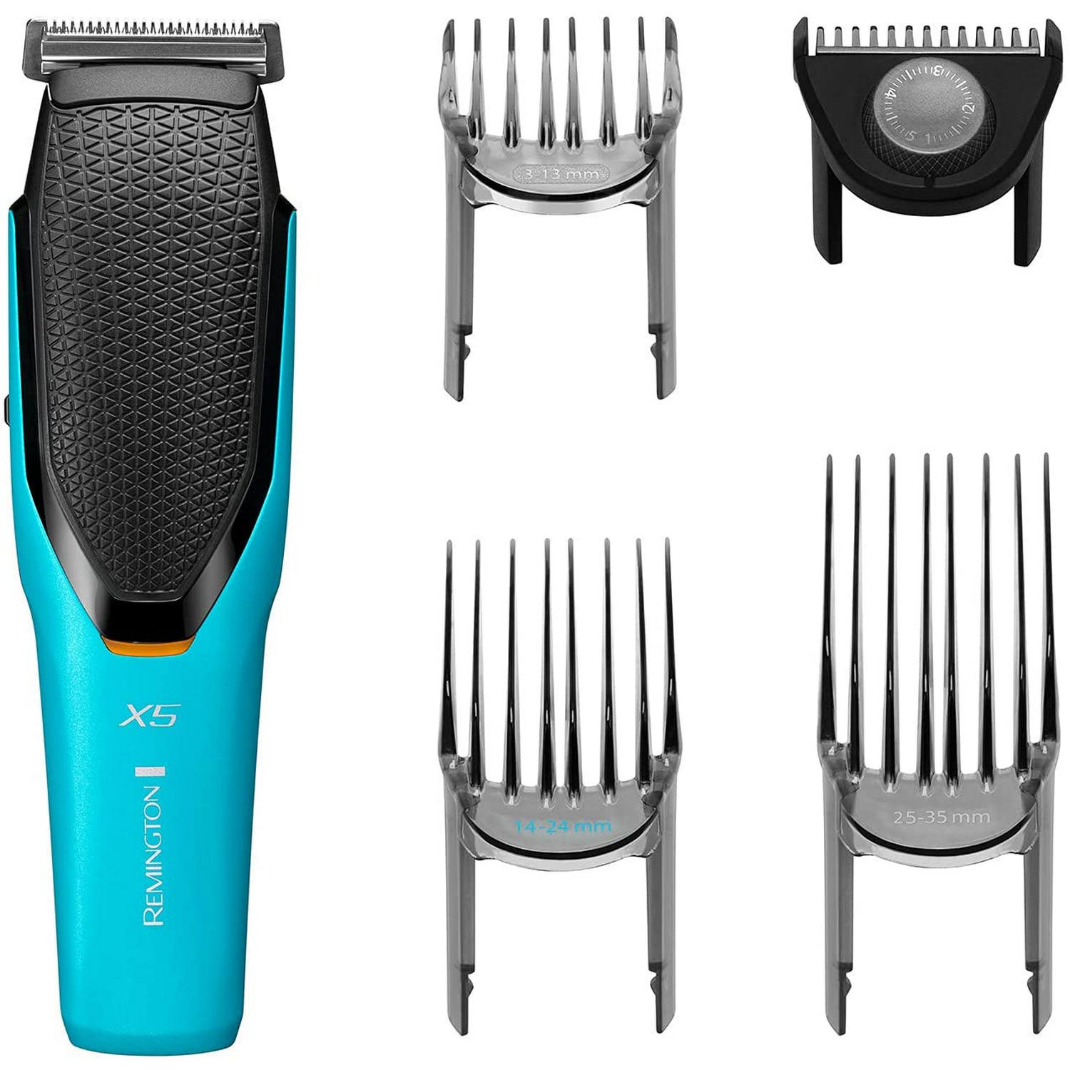 Una recortadora de cabello Remington X5 de color verde azulado con varios accesorios y guías de peine.