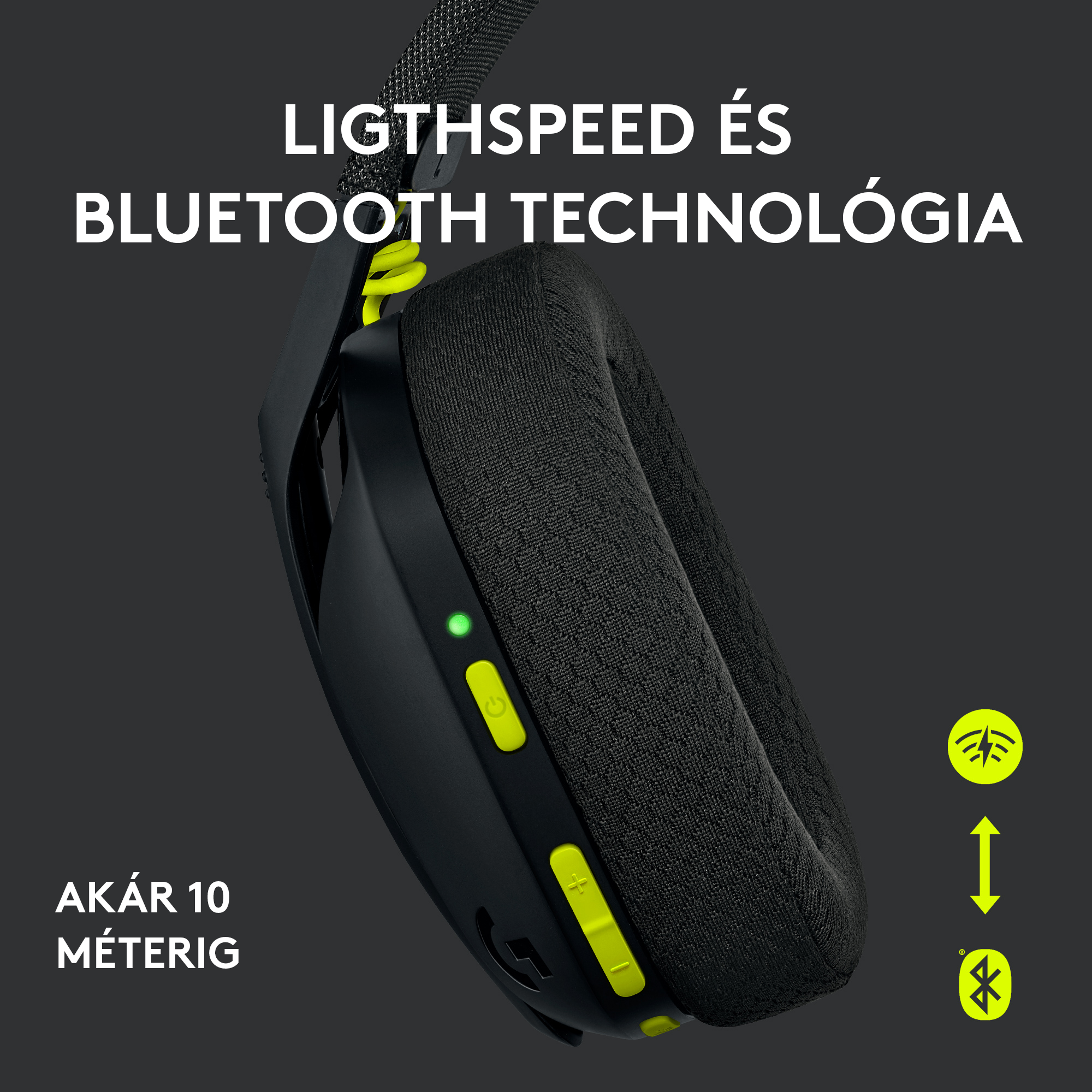 Fekete-sárga gamer fejhallgató magyar szöveggel, Ligthspeed és Bluetooth technológiát mutat.