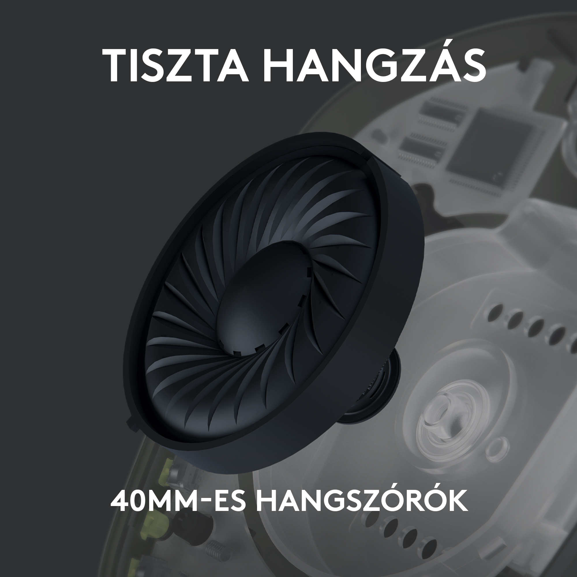 A fejhallgató hangszórójának közeli képe, a belső alkatrészeket mutatva.