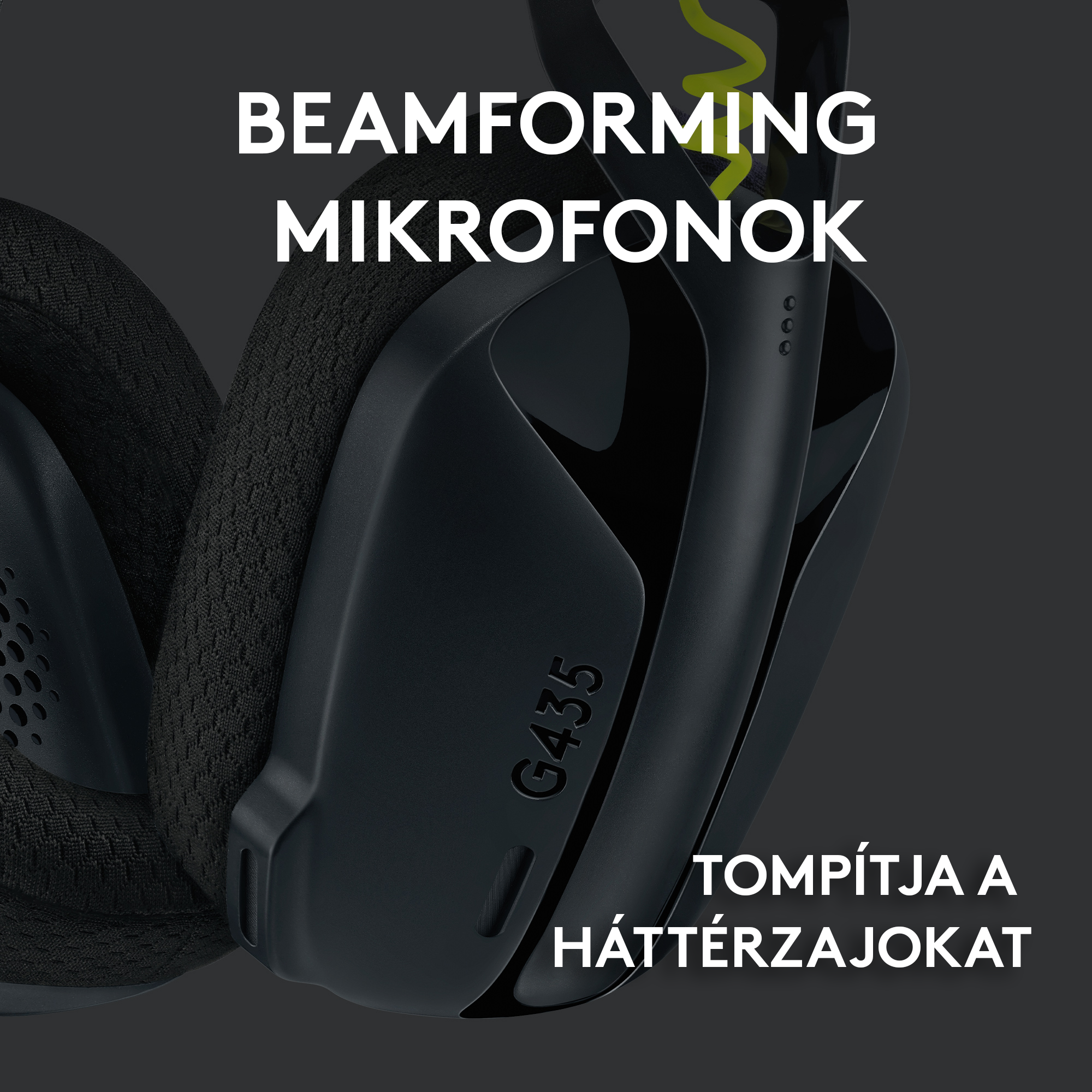 Közelkép fekete gamer fejhallgatóról, "G435" felirattal.