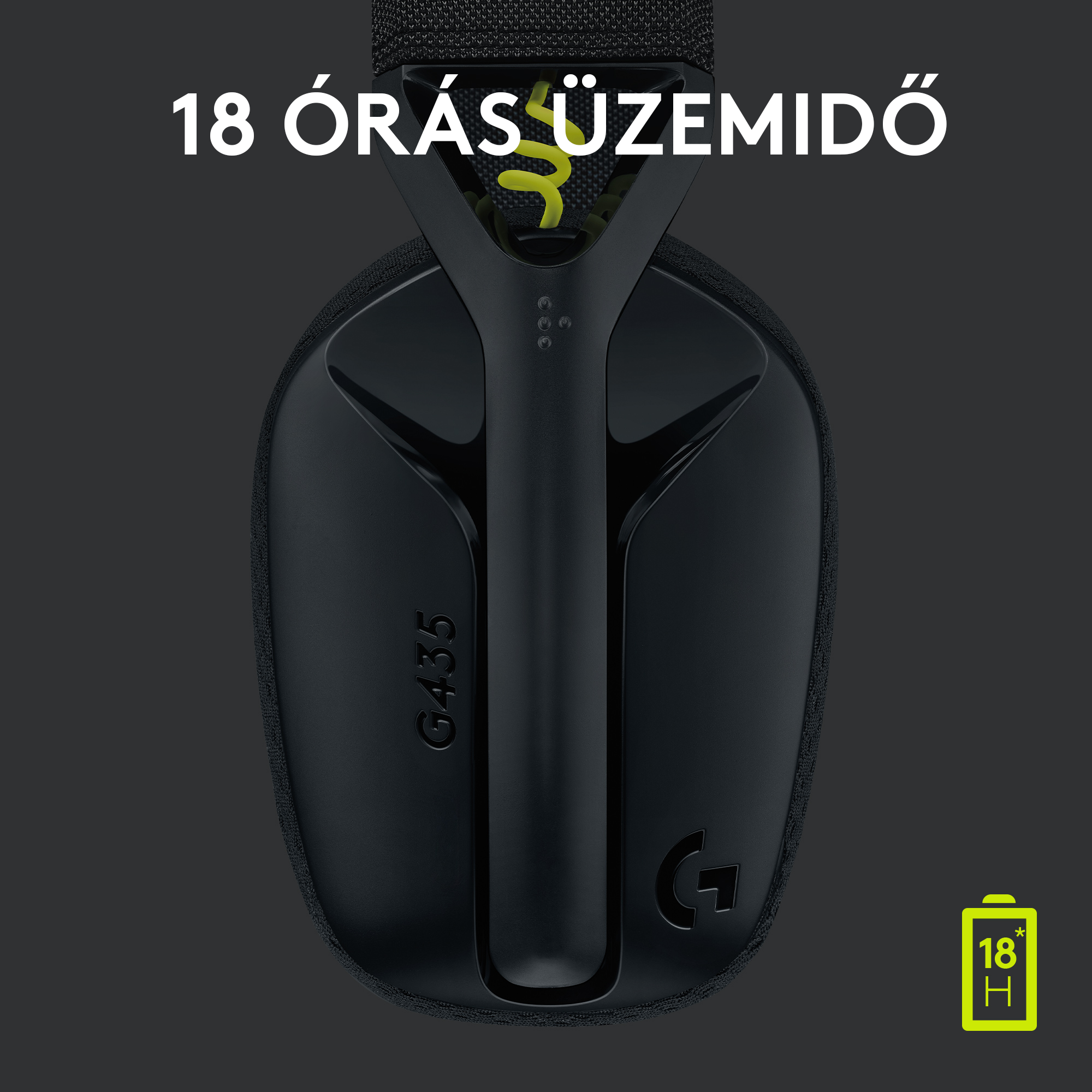 Fekete fejhallgató nyakpánttal, '18 ÓRÁS ÜZEMIDŐ' felirattal és akkumulátor ikonnal.