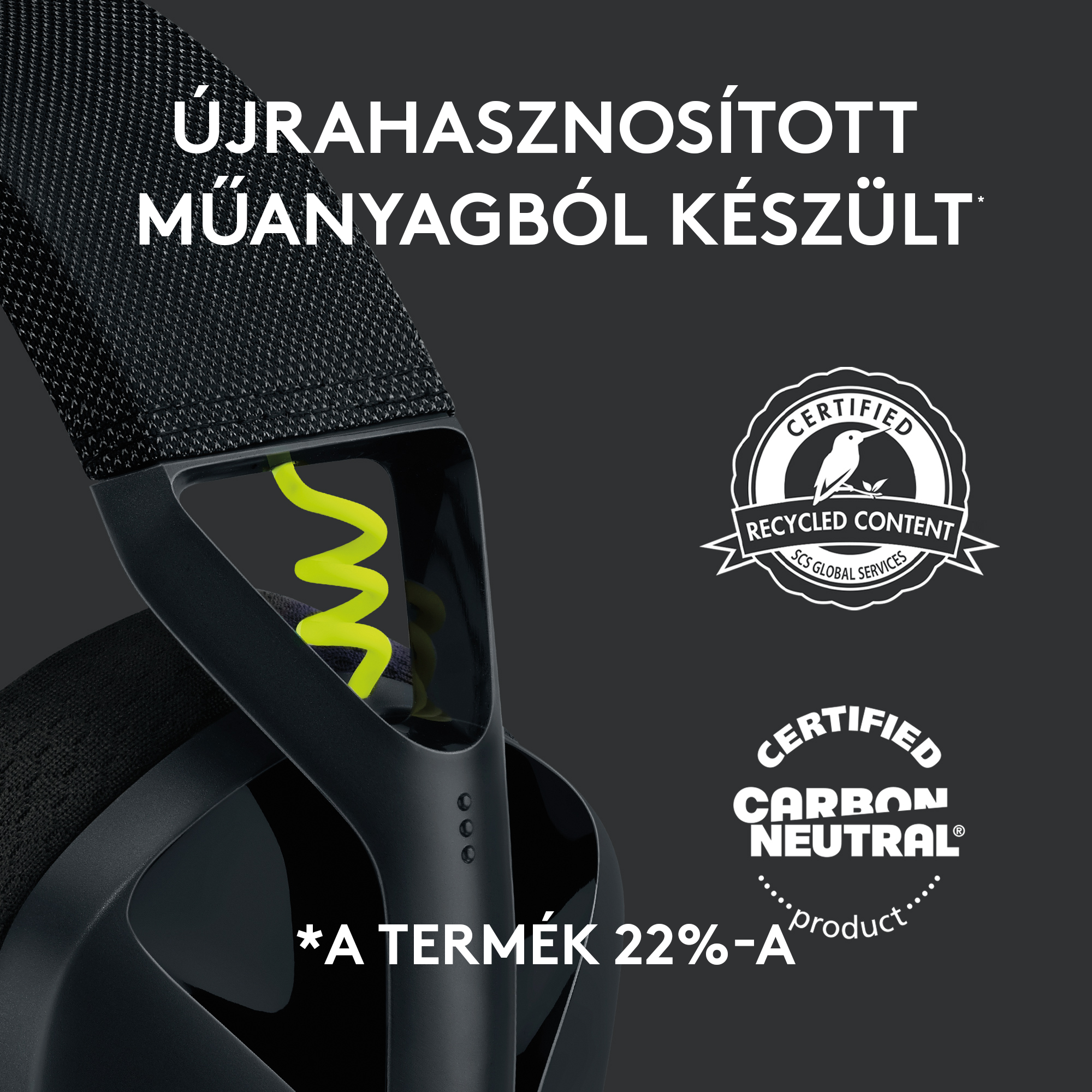 Fejhallgató „ÚJRAHASZNOSÍTOTT MŰANYAGBÓL KÉSZÜLT” felirattal és tanúsítvány logókkal.