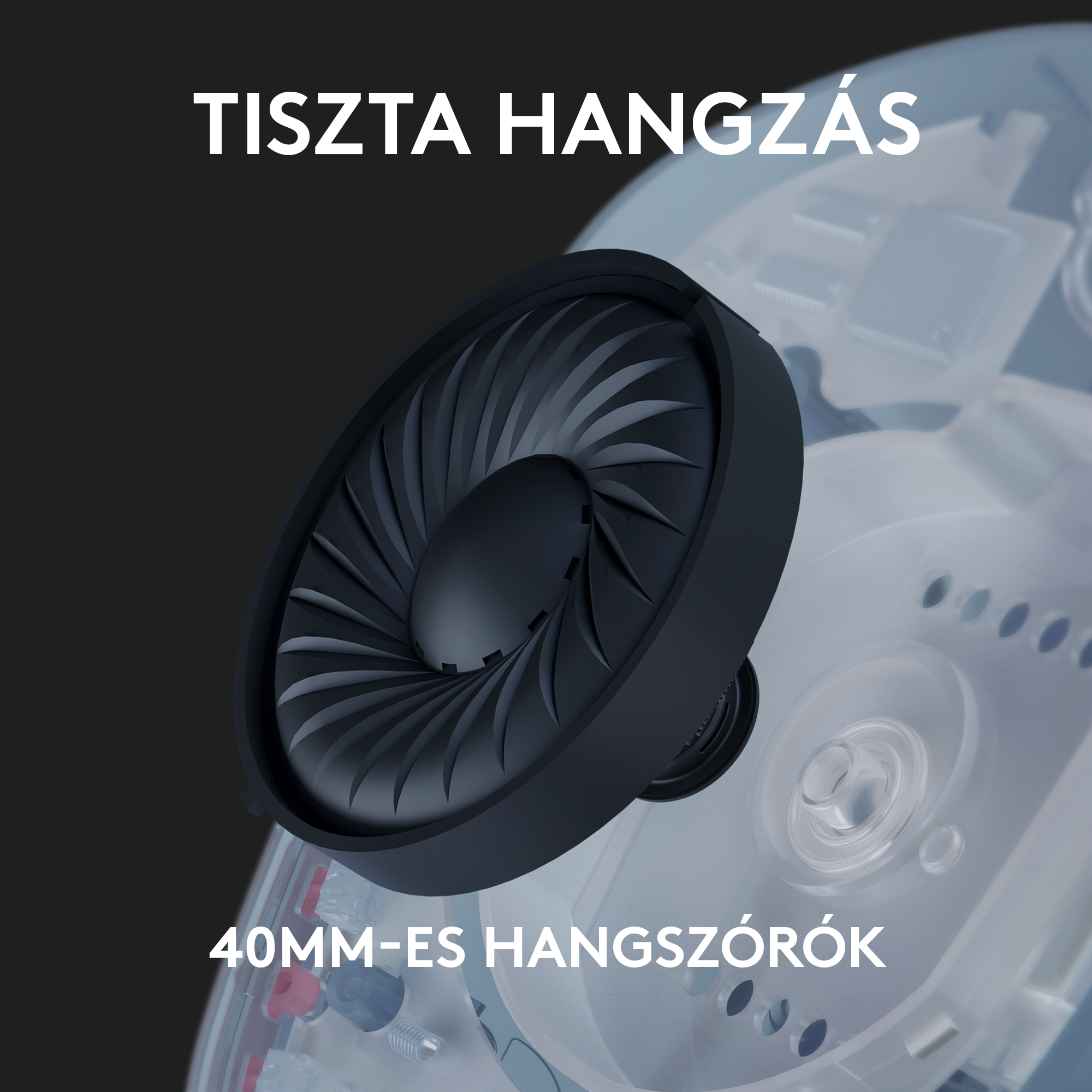 Egy hangszóró, amely a belső alkatrészeit mutatja. Szöveg: '40MM HANGSZÓRÓK'. Fekete-fehér.