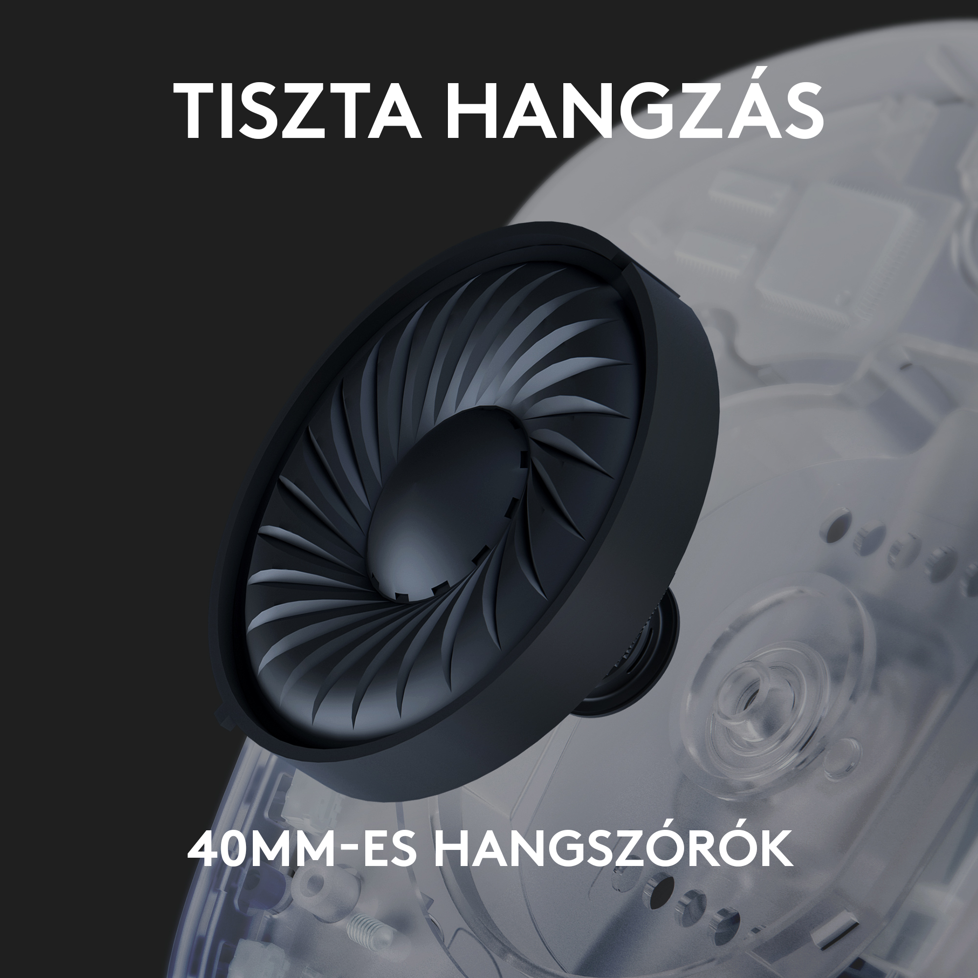 A hangszóró közeli képe, a „TISZTA HANGZÁS” és a „40MM-ES HANGSZÓRÓK” szavakkal.