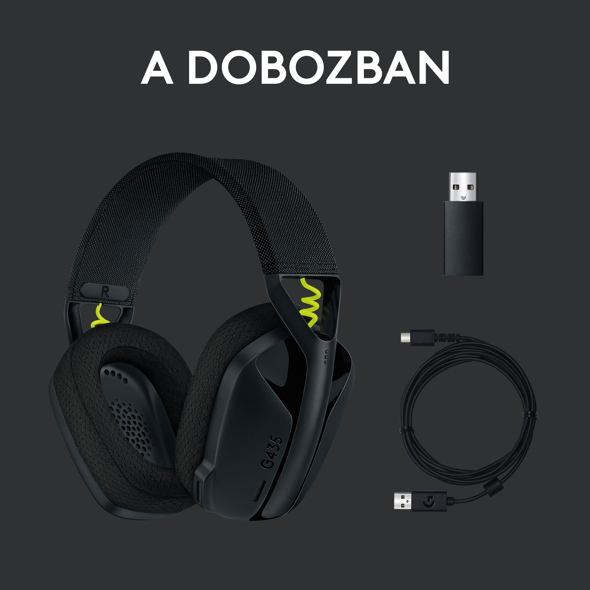 Fekete fejhallgató, töltőkábel és USB adapter. A 'A DOBOZBAN' szavak felül. Fekete háttér.