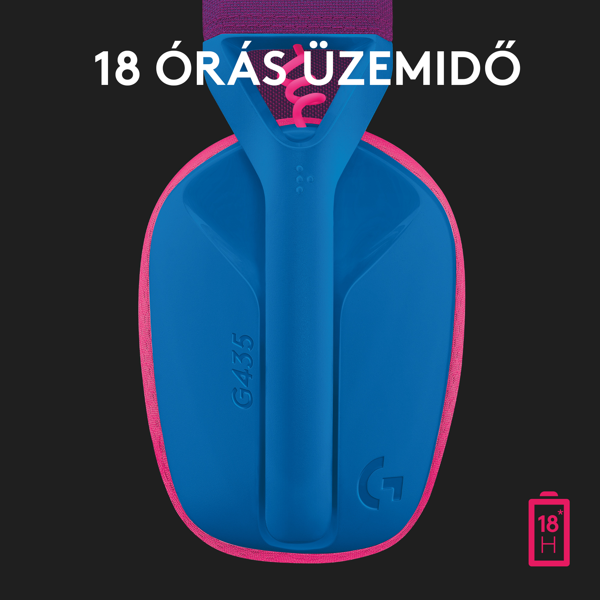 Kék-rózsaszín gamer fejhallgató rózsaszín fejpánttal, szöveg: "18 ÓRÁS".