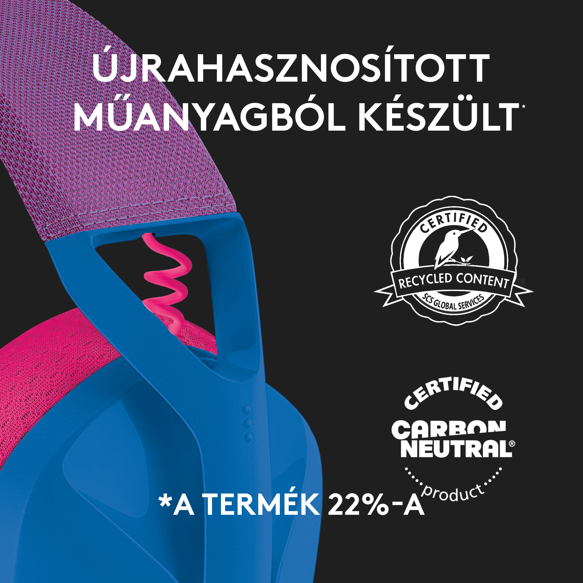 Fejhallgató rózsaszín és kék színekben, újrahasznosított műanyagból. Újrahasznosított és karbonsemleges.