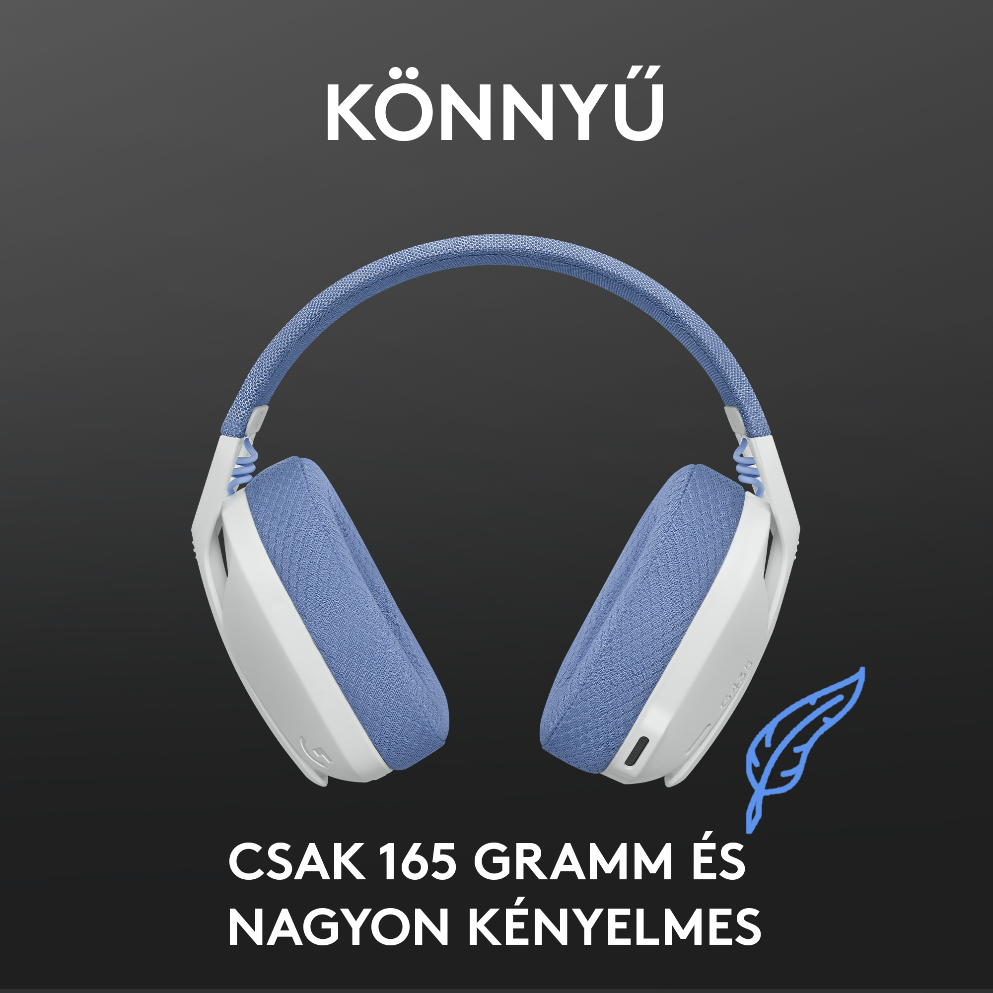 Kék-fehér fejhallgató 'Könnyű' és 'Csak 165 gramm és nagyon kényelmes' felirattal.