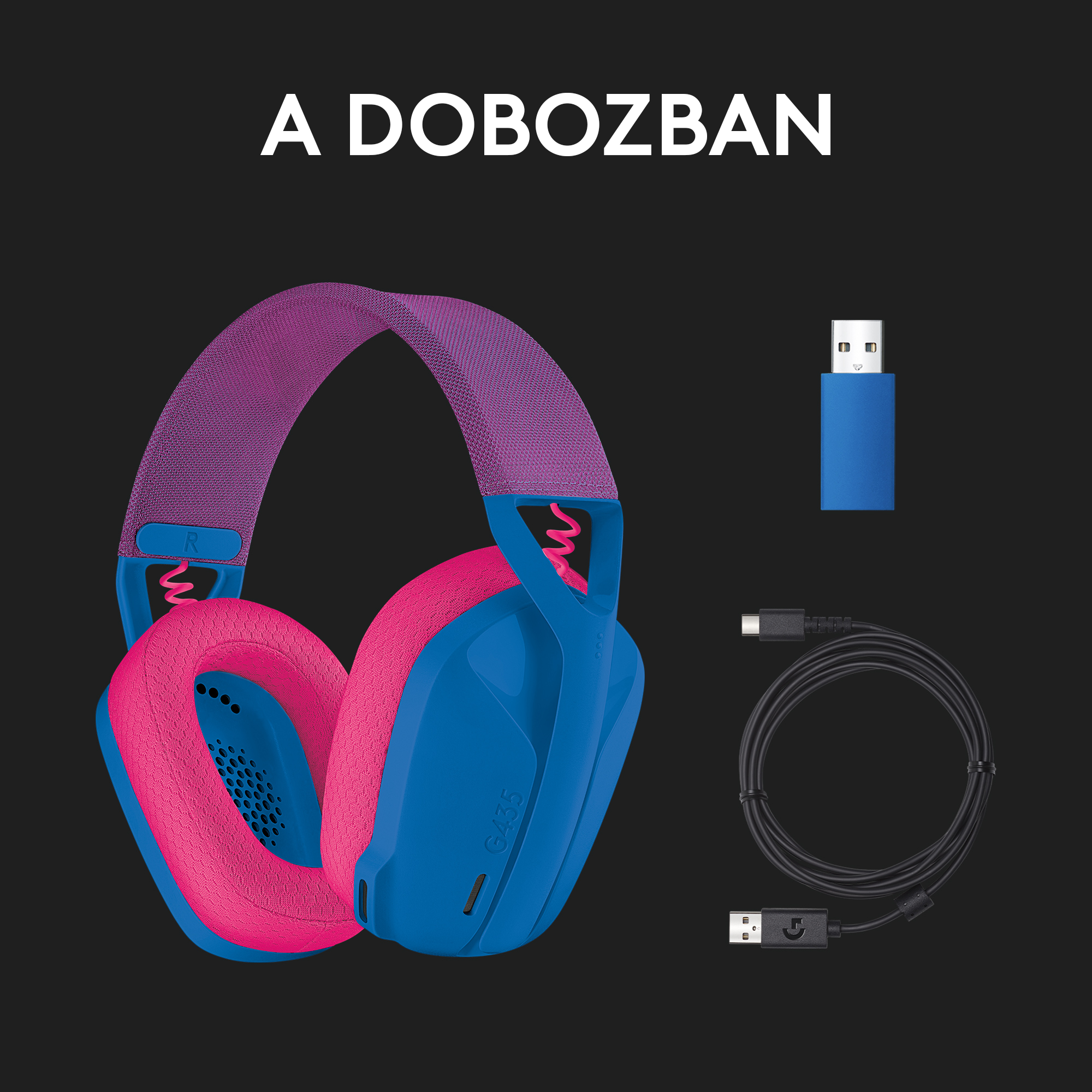 Kék és rózsaszín gamer headset, kiegészítők, fekete háttéren szöveggel.