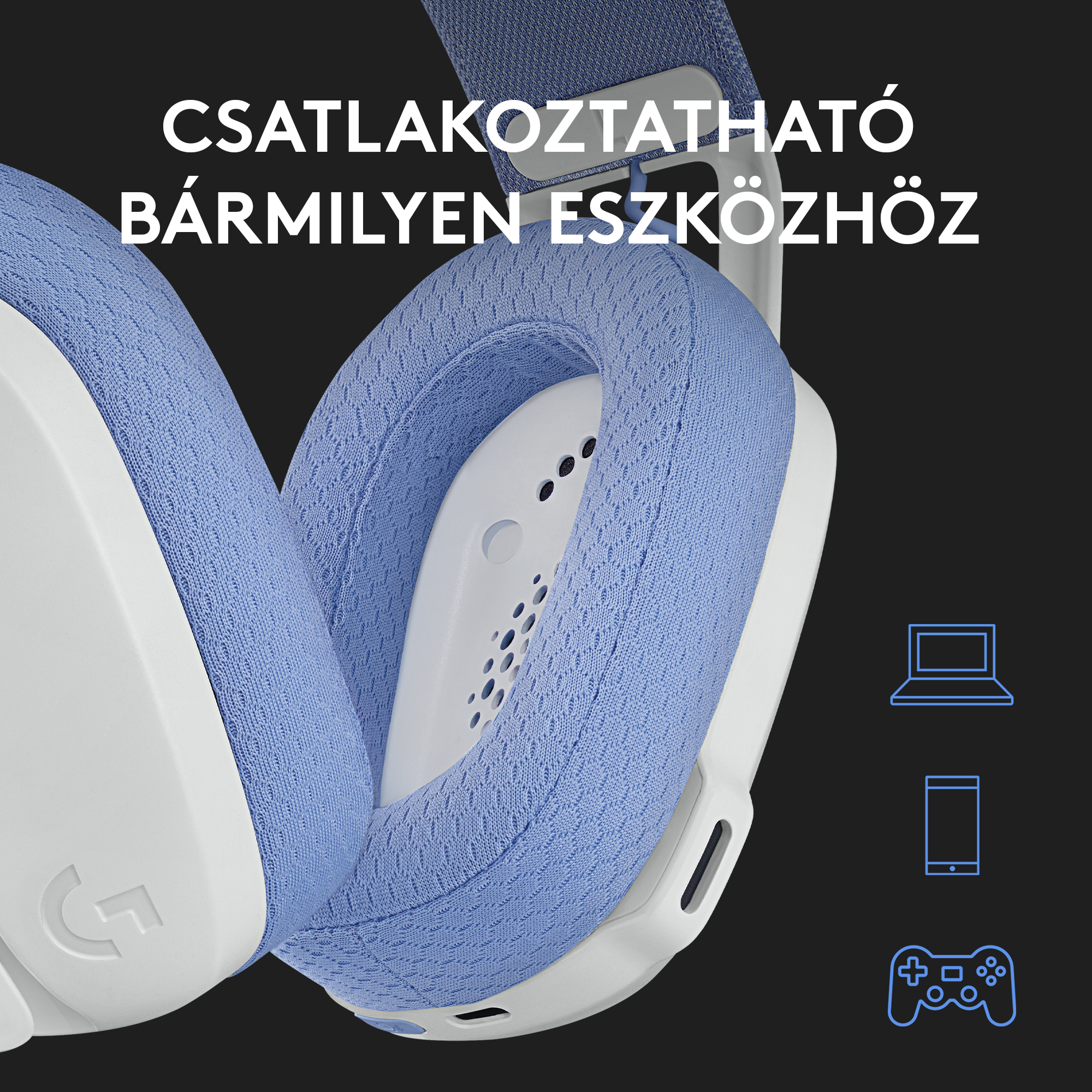 Egy kék-fehér headset Logitech logóval, laptop, telefon és játékvezérlő ikonokkal.