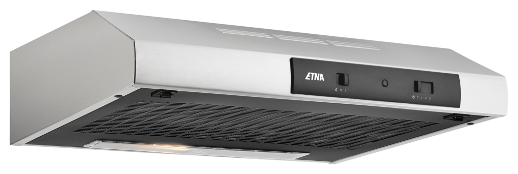 Silver range hood with black controls, on a black background.